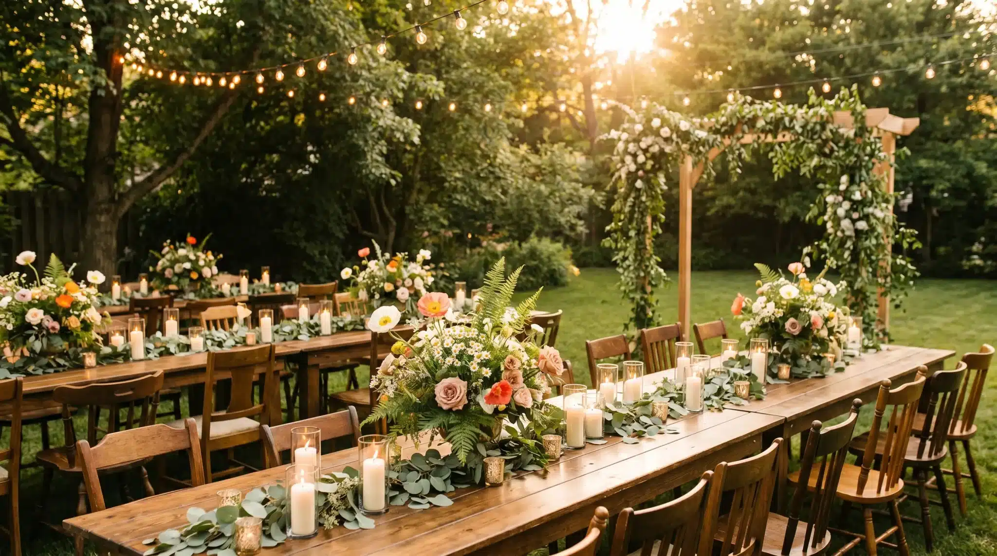 Outdoor garden wedding reception with wooden tables, floral centerpieces, and string lights at sunset