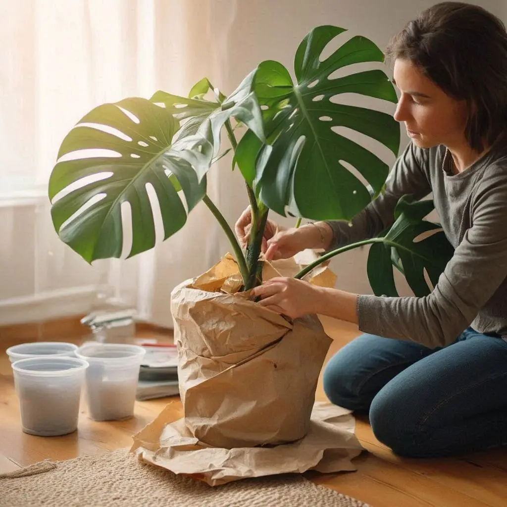 Person wrapping large Monstera plant in brown paper on wooden floor indoors