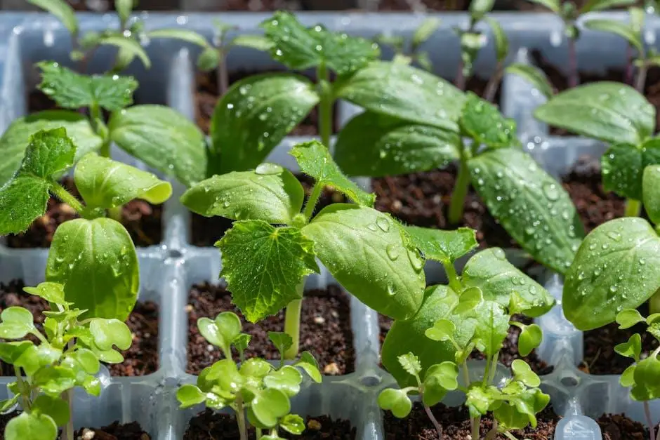 Young seedlings with water droplets in plastic tray under bright sunlight