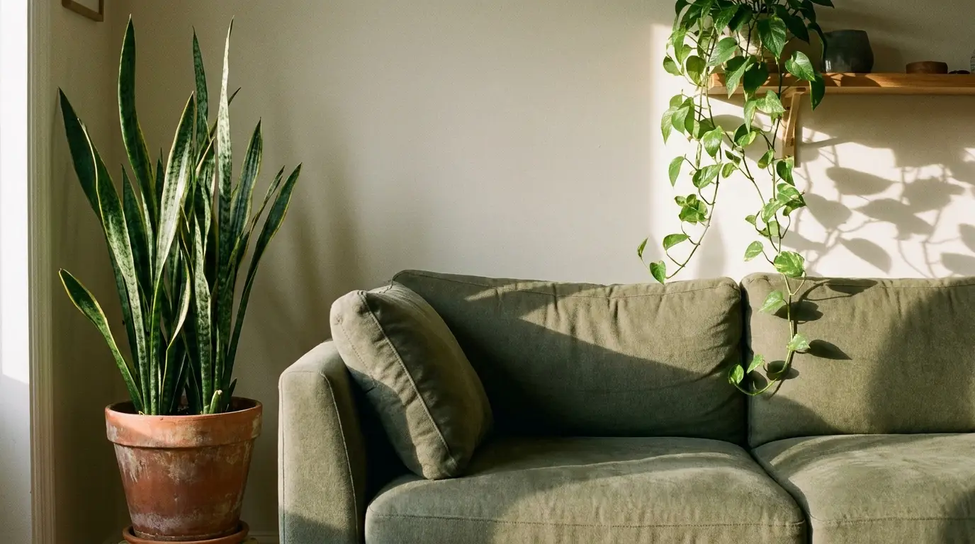 Green sofa with potted snake plant and trailing ivy on wooden shelf in sunlit room