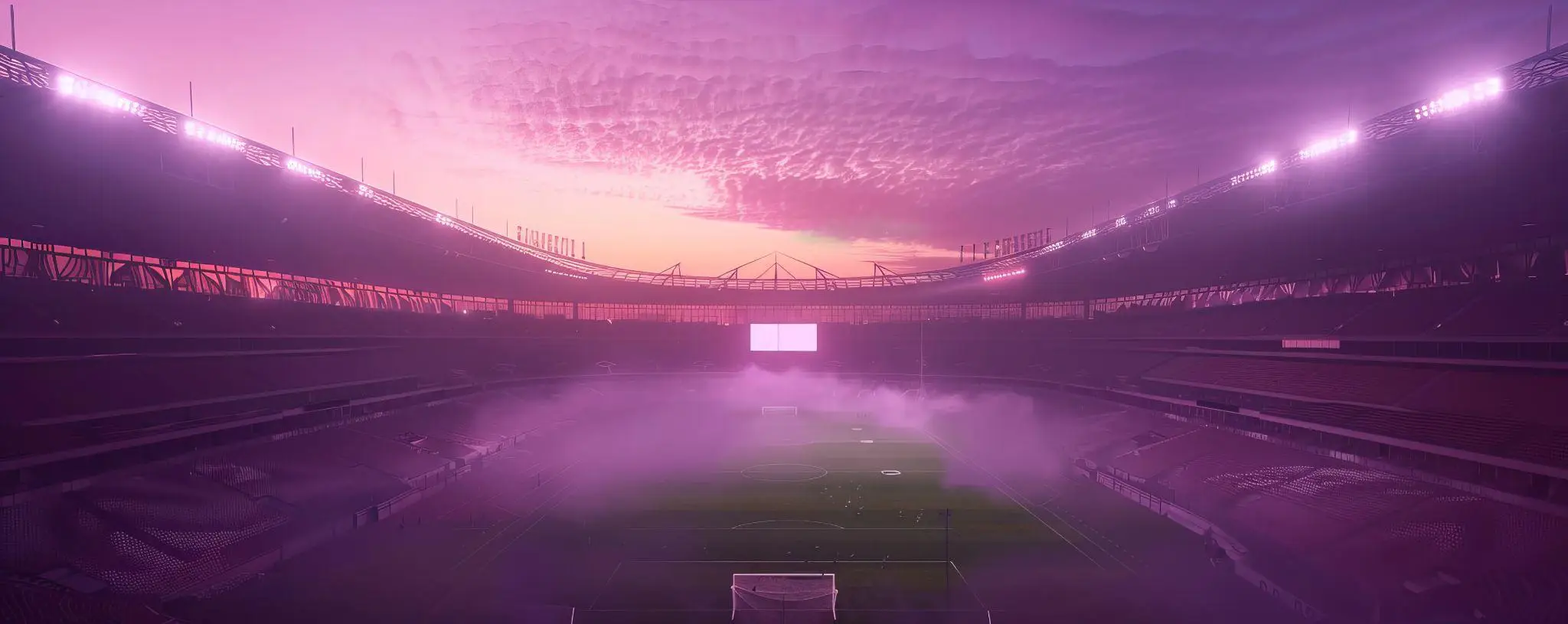 Empty stadium under vibrant pink sky with mist covering the field