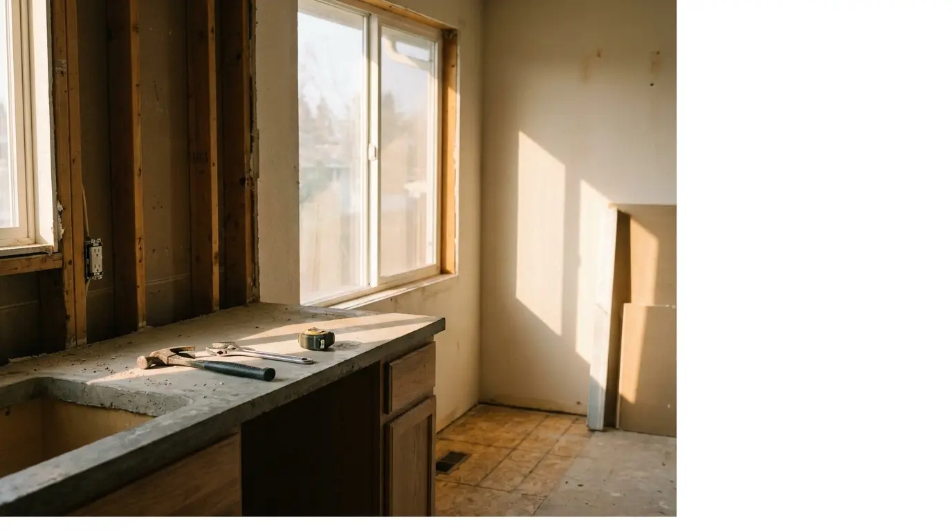 Renovation scene with tools on unfinished kitchen counter in warm sunlight