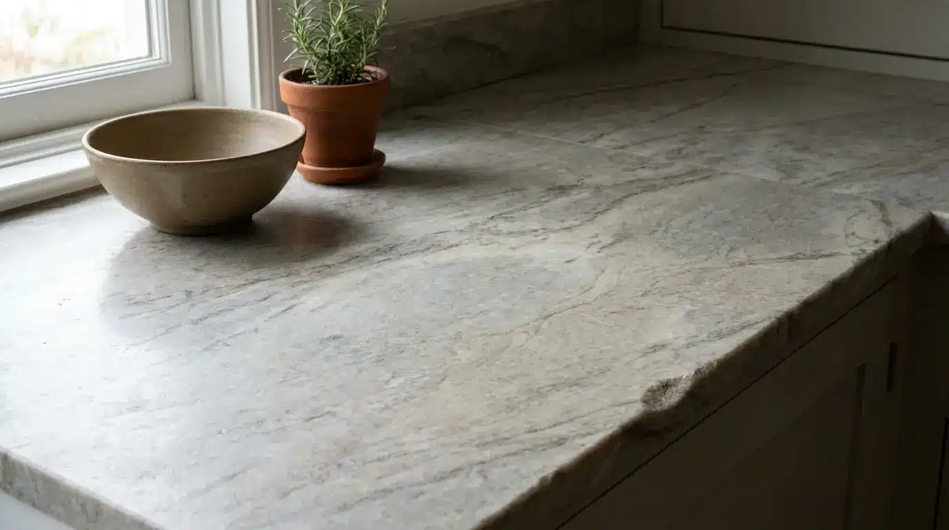 Beige ceramic bowl and small potted plant on marble kitchen countertop near window