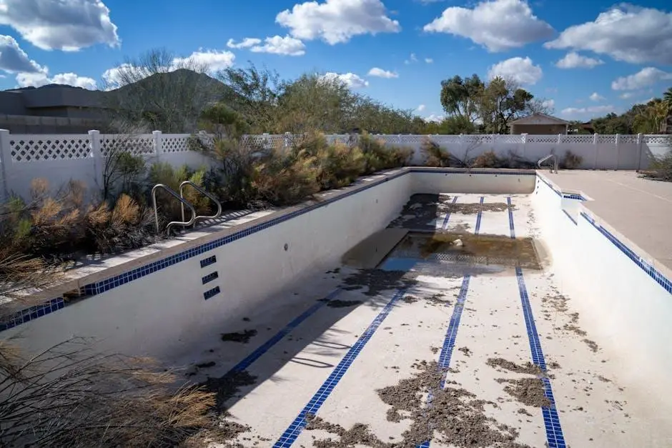 Empty swimming pool with dry vegetation and debris under a partly cloudy sky