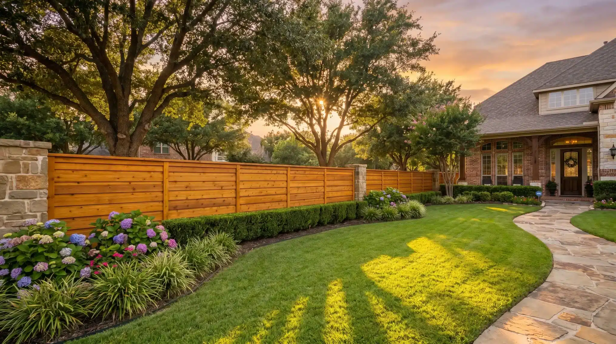 Lush garden with wooden fence, blooming hydrangeas, and stone walkway at sunset