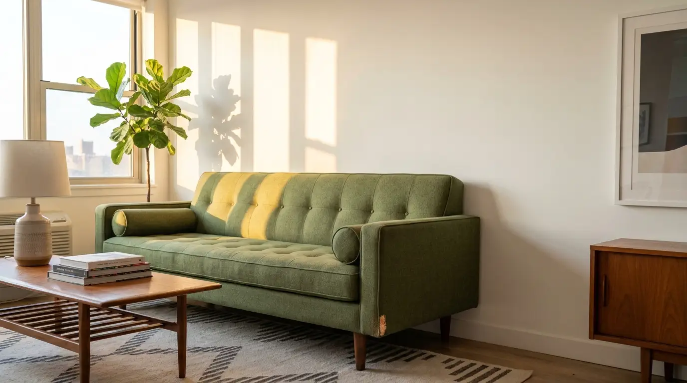 Green mid-century modern sofa in bright living room with wooden coffee table and potted plant