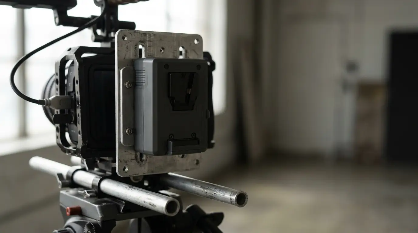 Professional video camera setup on tripod in a studio environment with natural light