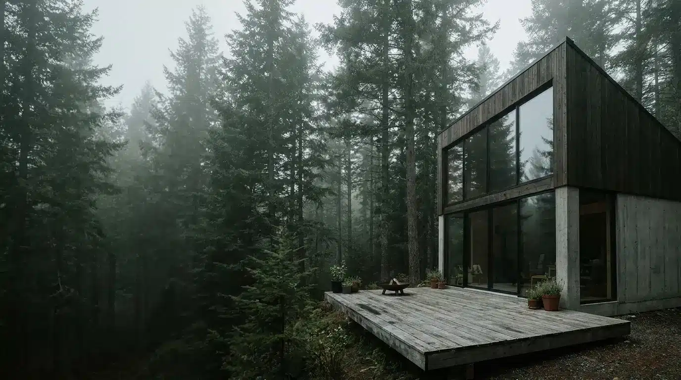 Modern cabin with large windows surrounded by dense foggy forest, wooden deck with potted plants