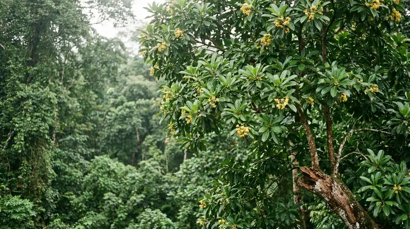Lush green jungle with a tropical tree bearing small yellow flowers