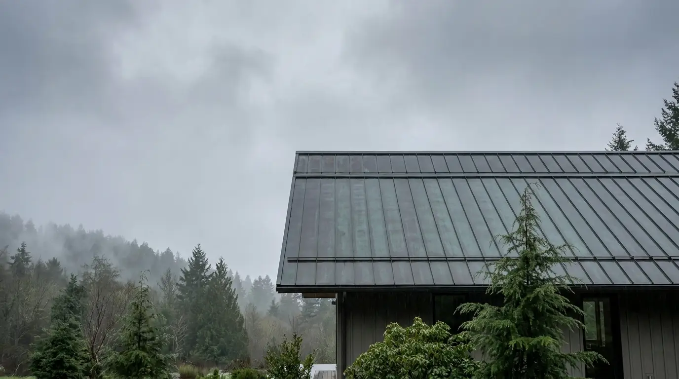 Modern metal roof house with evergreens and misty forest backdrop under cloudy sky