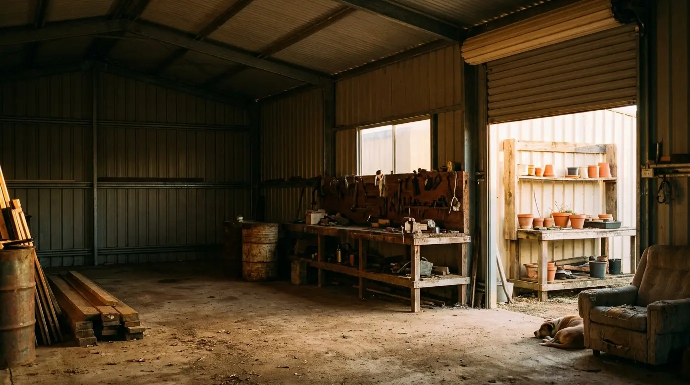 Spacious workshop with wooden workbench, tools hanging on wall, and potted plants by open door