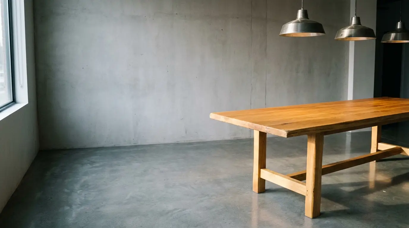 Wooden dining table in minimalist room with concrete floor and metal pendant lights