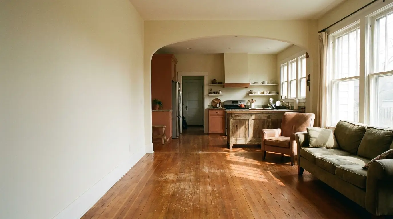 Open concept kitchen and living area with wooden floors and vintage furniture