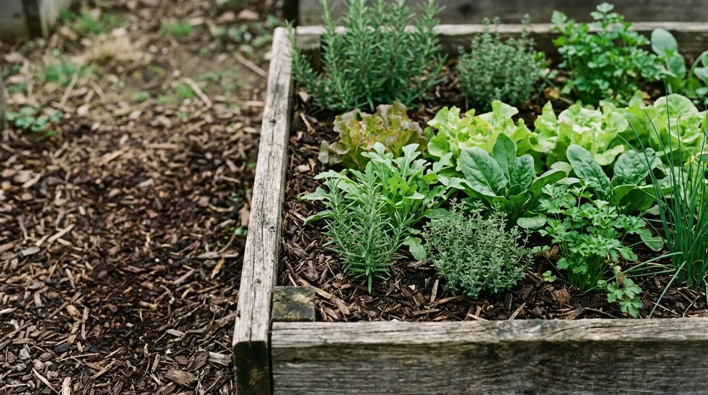 Wooden raised garden bed with herbs and leafy greens in outdoor garden setting