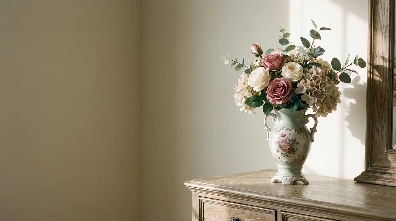 Floral arrangement in ornate vase on wooden dresser under natural light