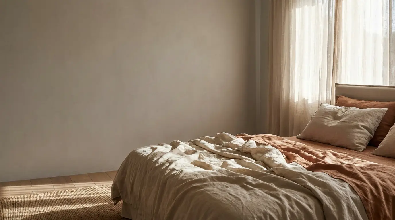 Cozy bedroom with rumpled linen bedding and soft natural light through sheer curtains