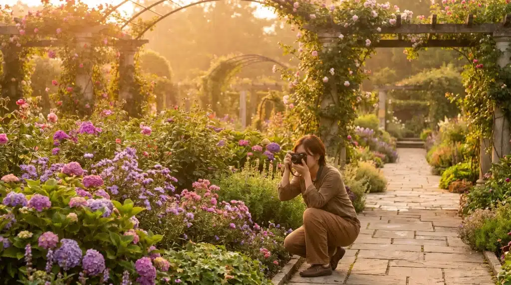 Photographer capturing colorful flowers in a sunlit garden with stone pathway and arches