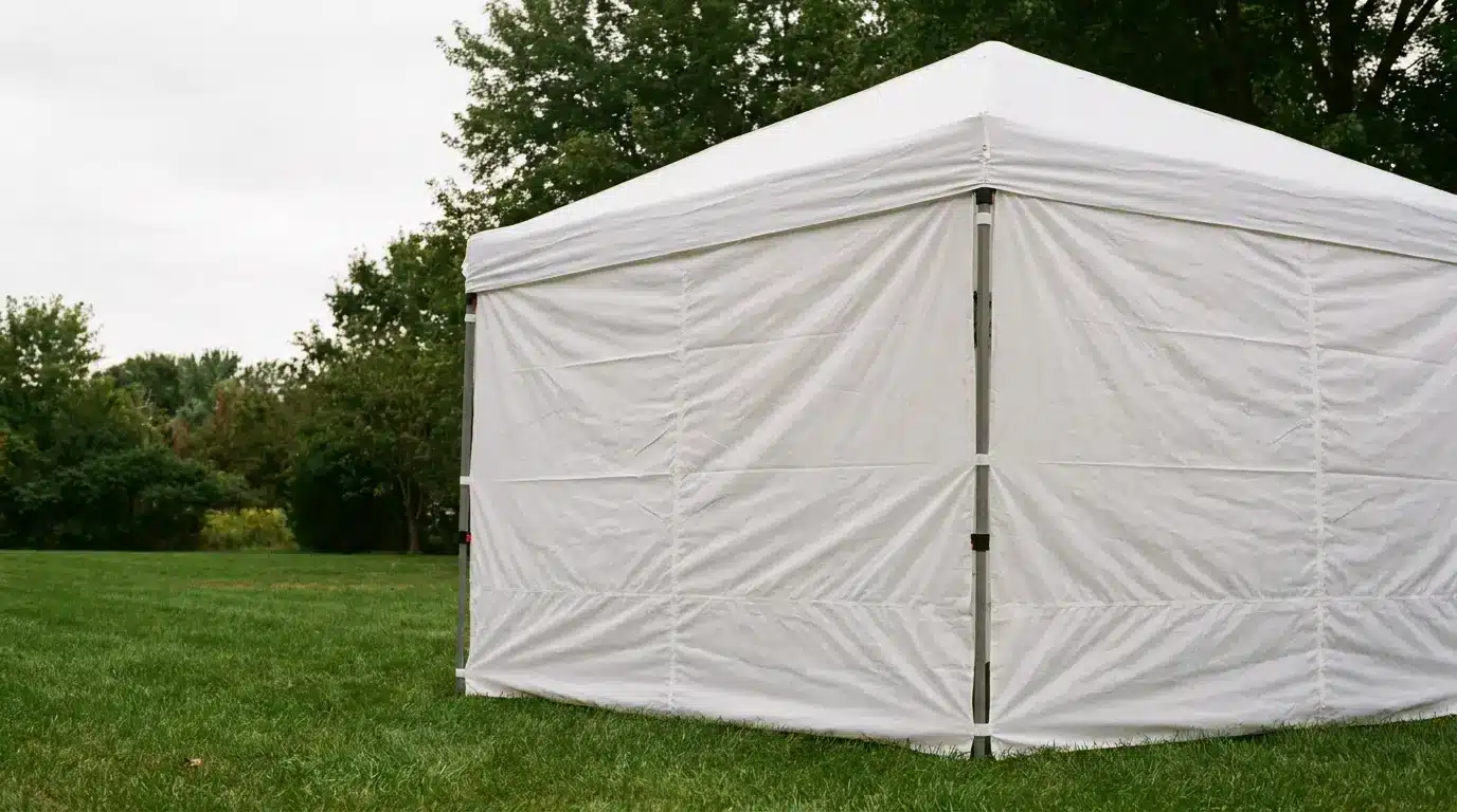 White event tent set up on grass in a park with trees in background