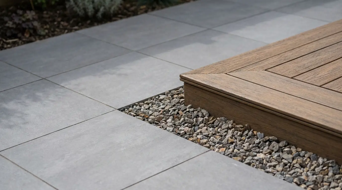 Gray stone patio with gravel border adjacent to wooden deck in outdoor setting