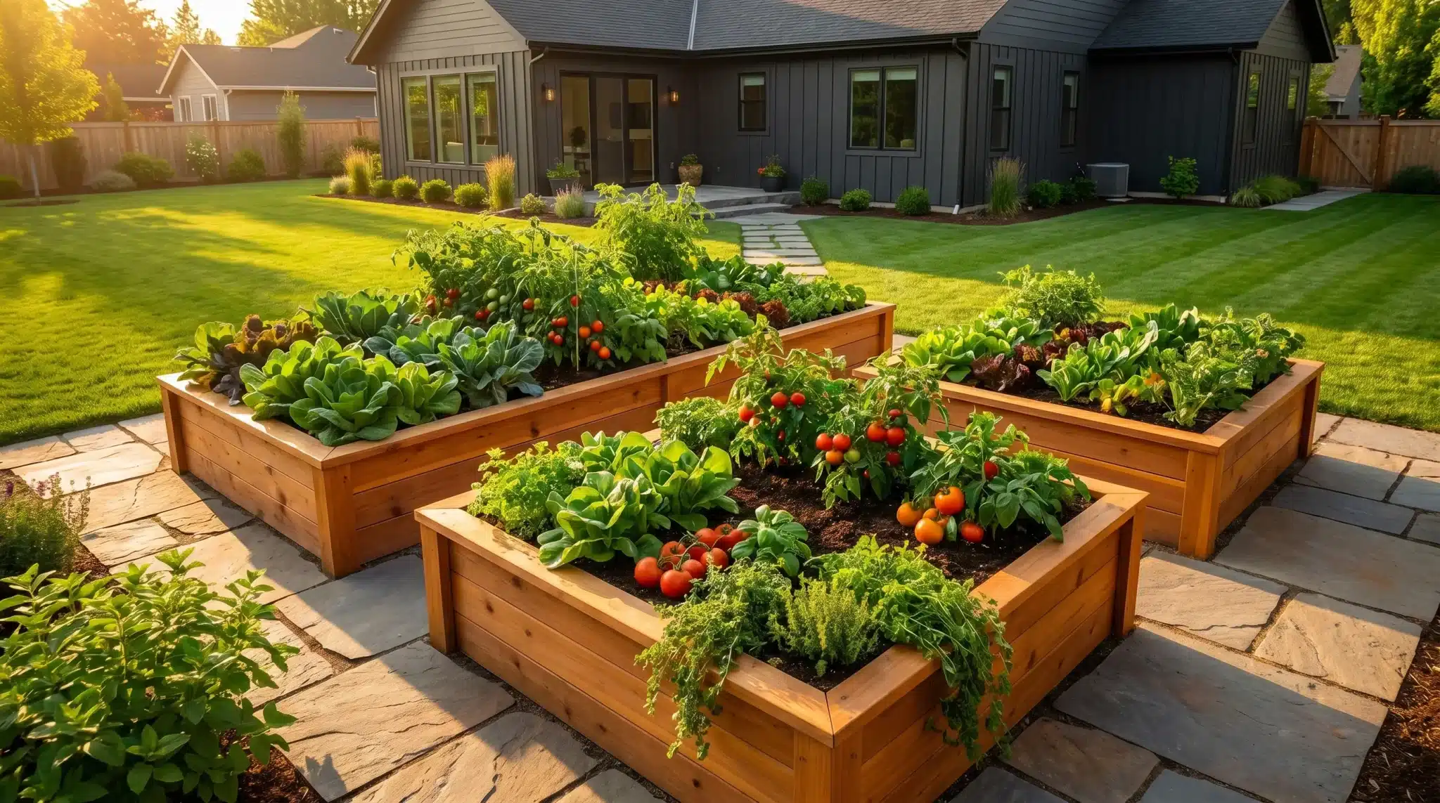 Wooden raised garden beds with vegetables and herbs in a sunlit backyard garden