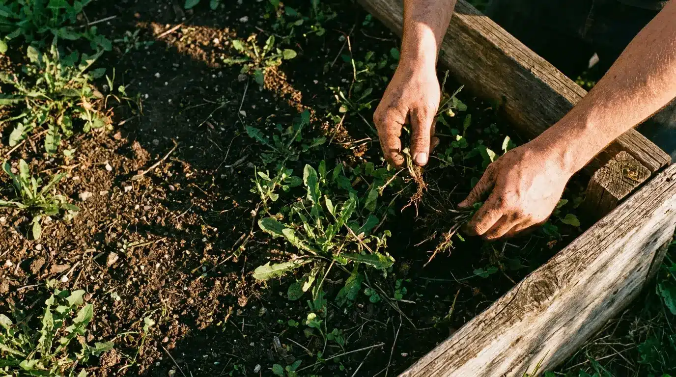 Gardener's hands pulling weeds from soil in wooden raised garden bed