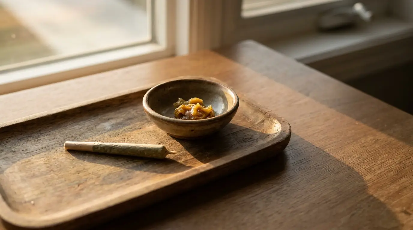 Small ceramic bowl with amber substance and rolled paper on wooden tray in soft natural light