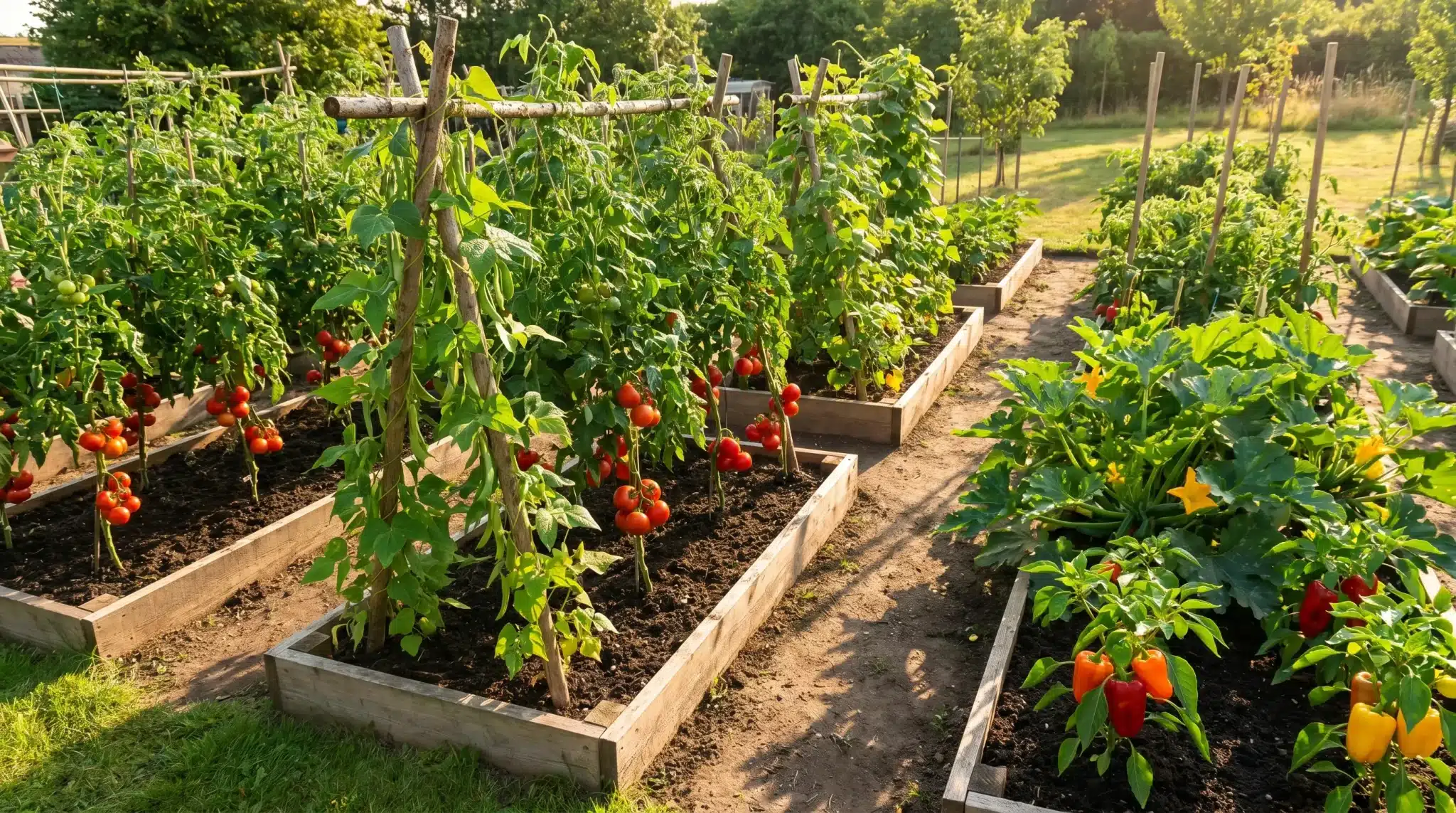 Raised garden beds with tomatoes, peppers, and zucchini in a sunlit vegetable garden