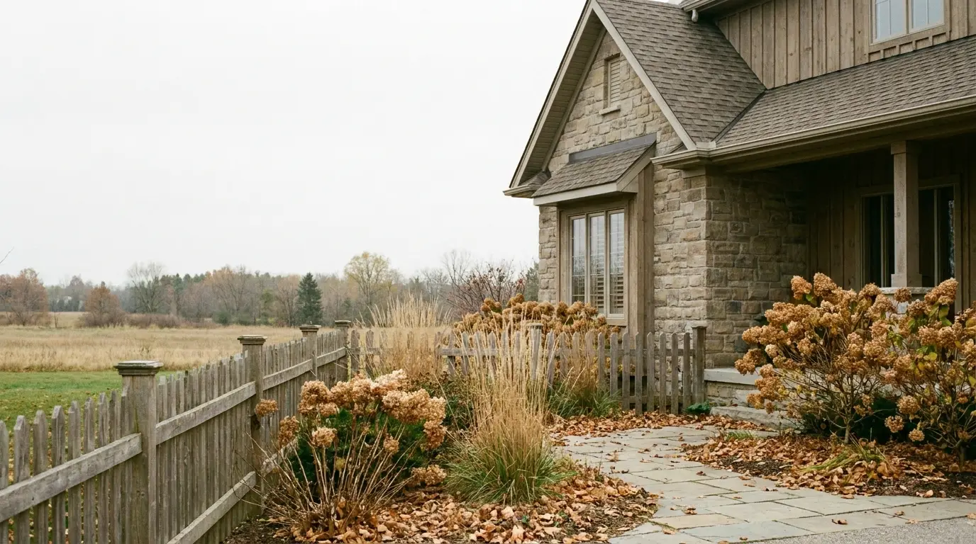 Rustic stone house with wooden fence and autumnal garden in a rural setting