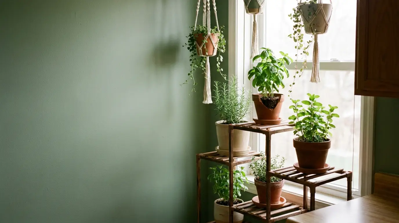 Potted herbs and hanging plants by a large window in a sunlit room