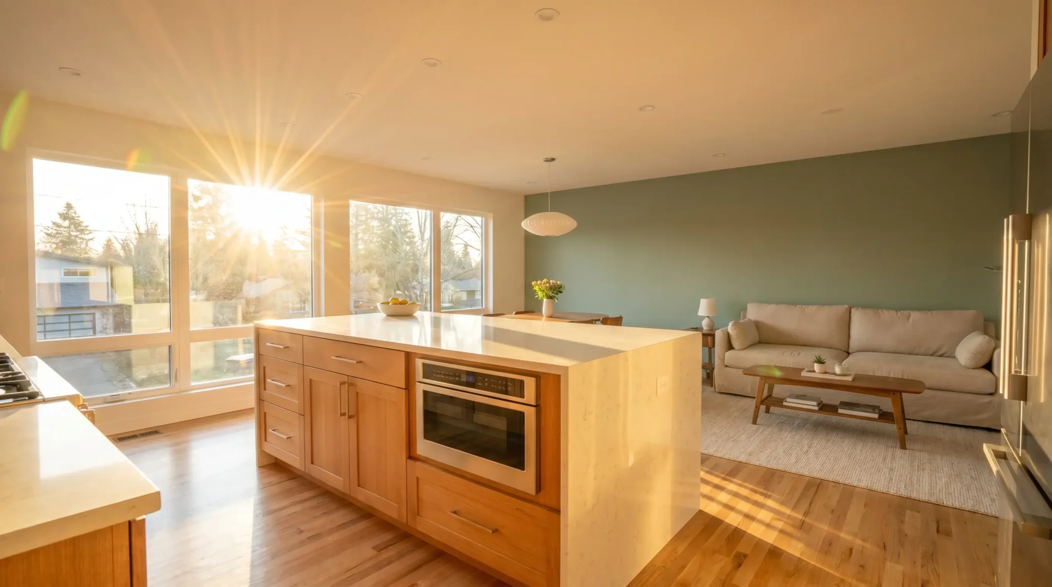 Sunlit modern kitchen and living area with wooden island and beige sofa
