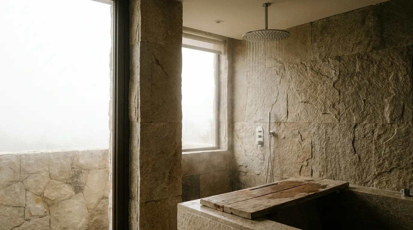 Rustic stone bathroom with a rain shower and wooden bench under diffused natural light