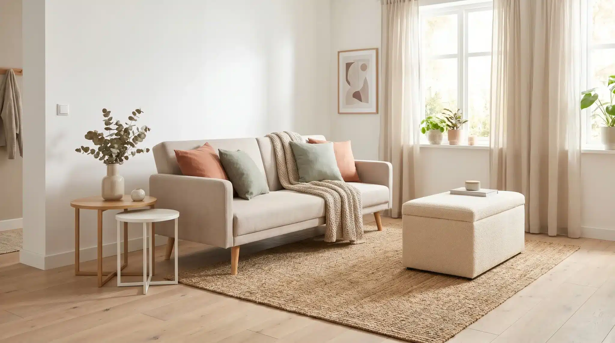 Beige sofa with pastel pillows in bright living room with large windows and indoor plants