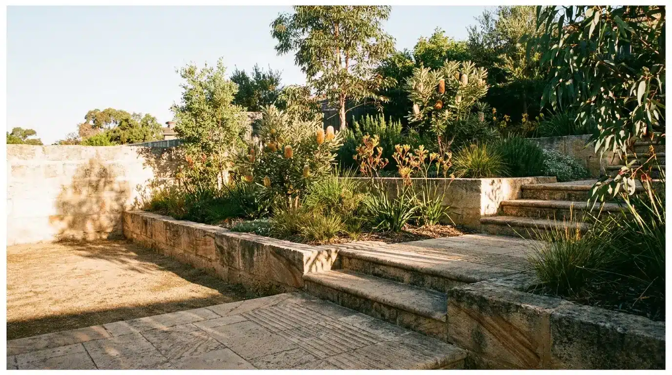 Stone garden with steps surrounded by lush greenery and bright sunlight