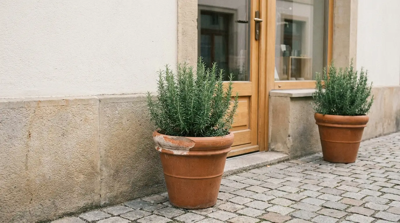 Terracotta pots with rosemary plants outside wooden door on stone pavement
