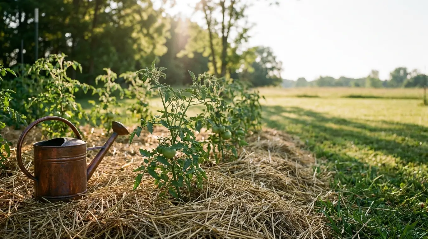 Tomato plants in a garden with straw mulch and copper watering can under sunlight