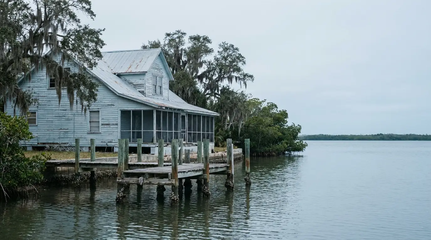 Weathered wooden house by lake surrounded by trees under overcast sky