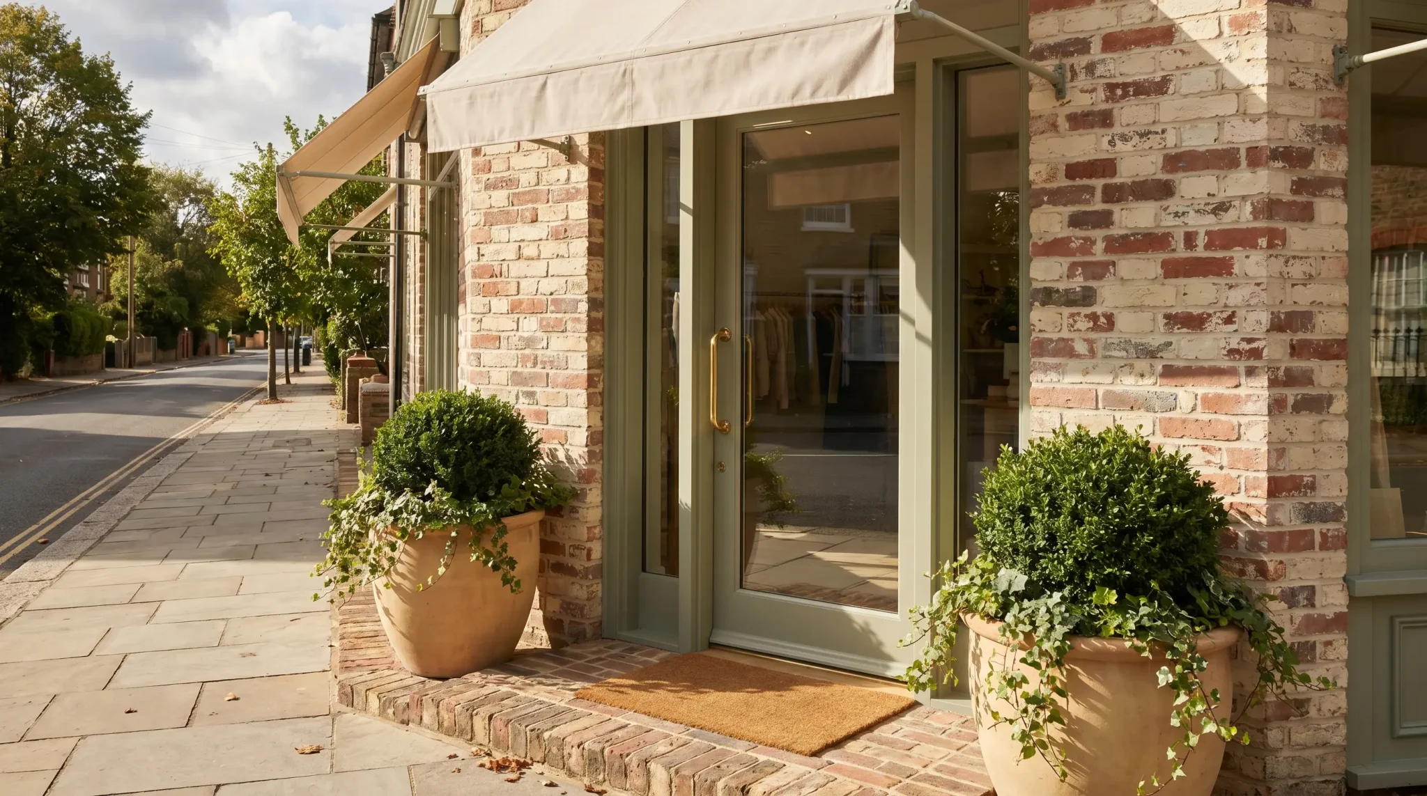 Brick storefront with large potted plants and glass door under beige awning on sunny day