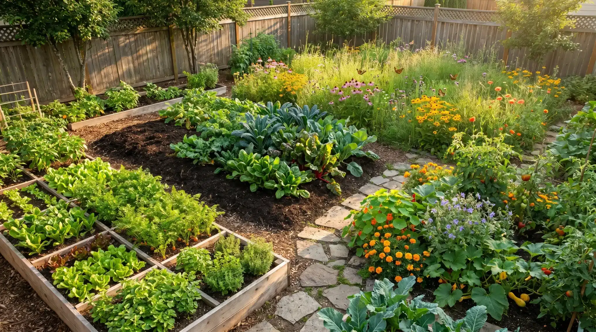 Lush garden with various vegetables and flowers under bright sunlight, enclosed by wooden fence