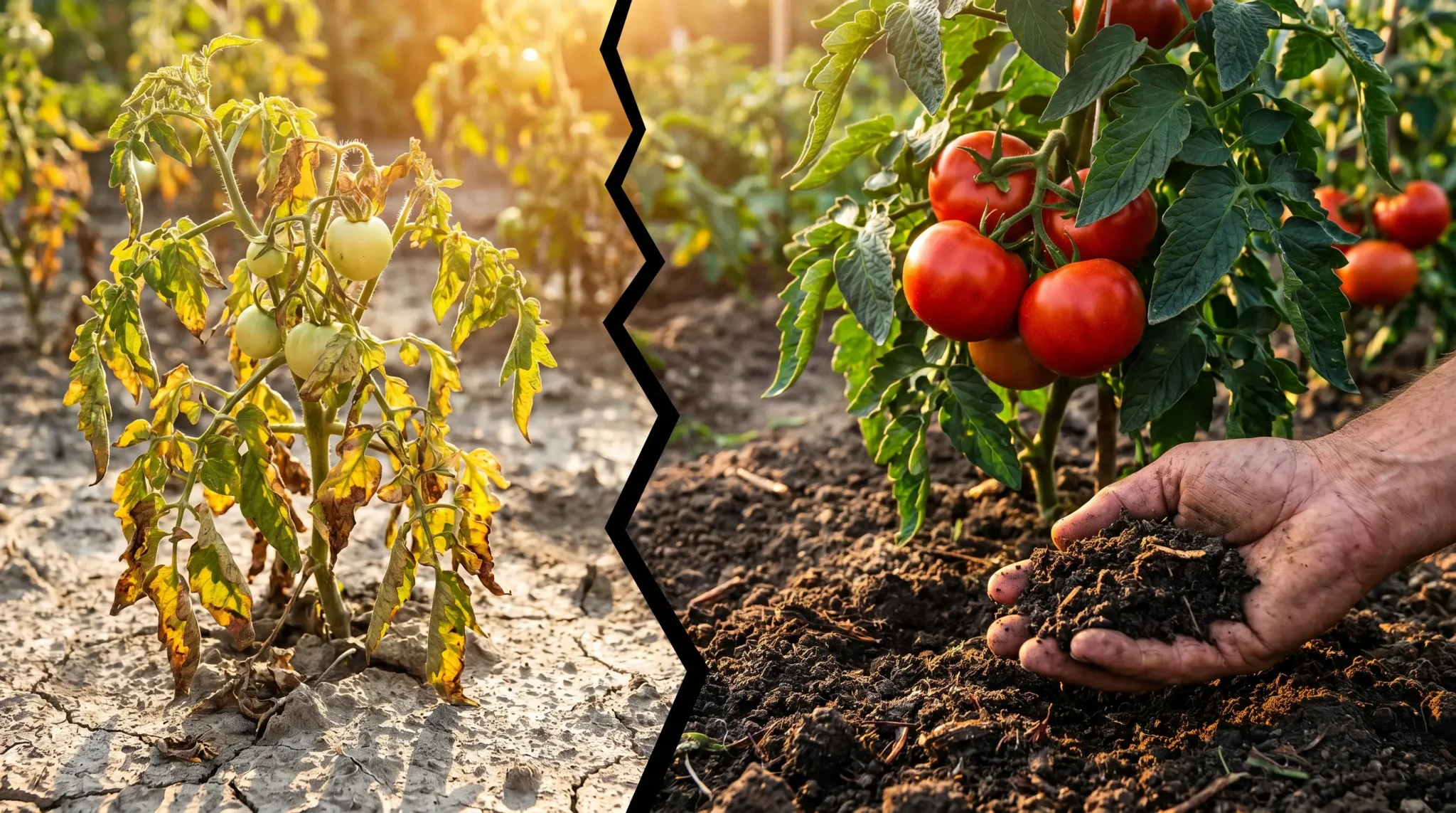 Split image comparing wilting tomato plant on dry soil with healthy tomato plant on rich soil