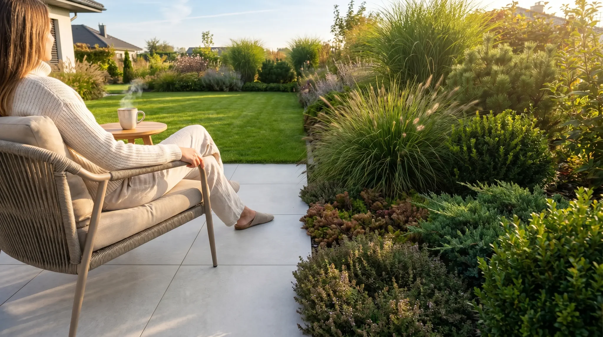 Person sitting on patio chair with a mug, overlooking a lush garden in sunlight