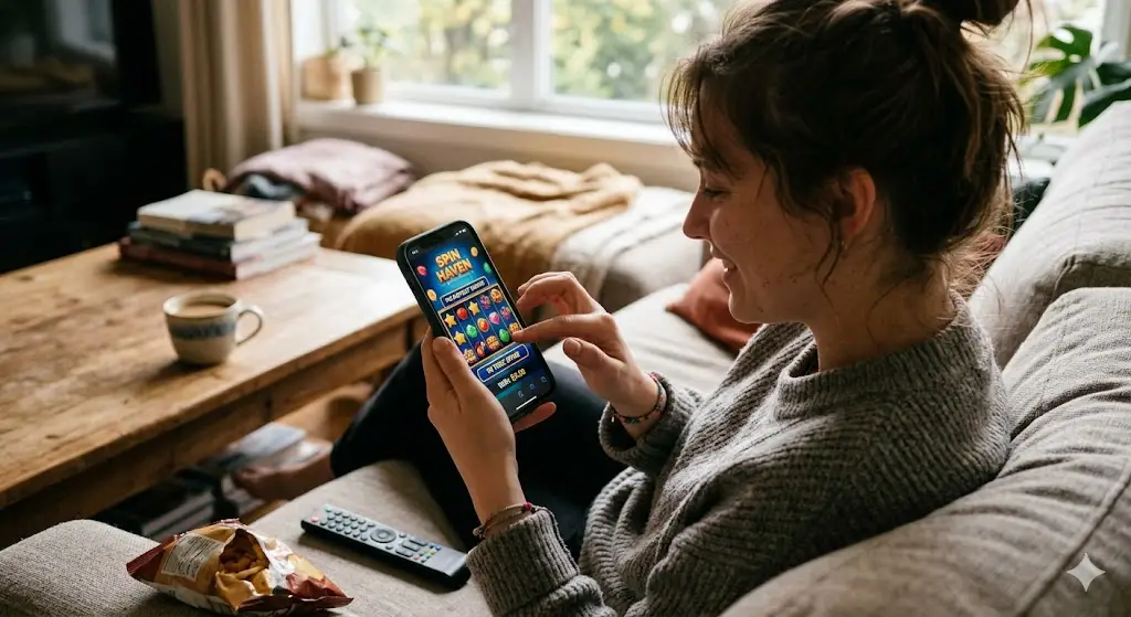 Person playing game on smartphone while sitting on sofa in cozy living room