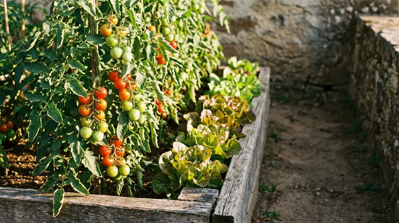 Tomato and lettuce plants growing in a wooden raised garden bed in sunlight
