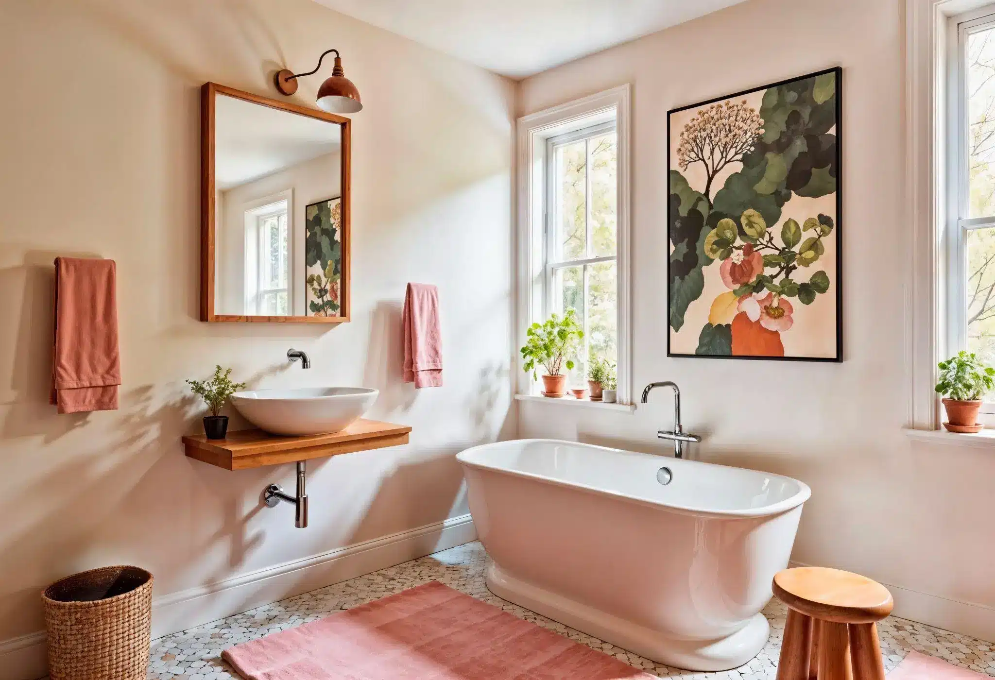 Bright bathroom with freestanding tub, wooden vanity, and potted plants near large window
