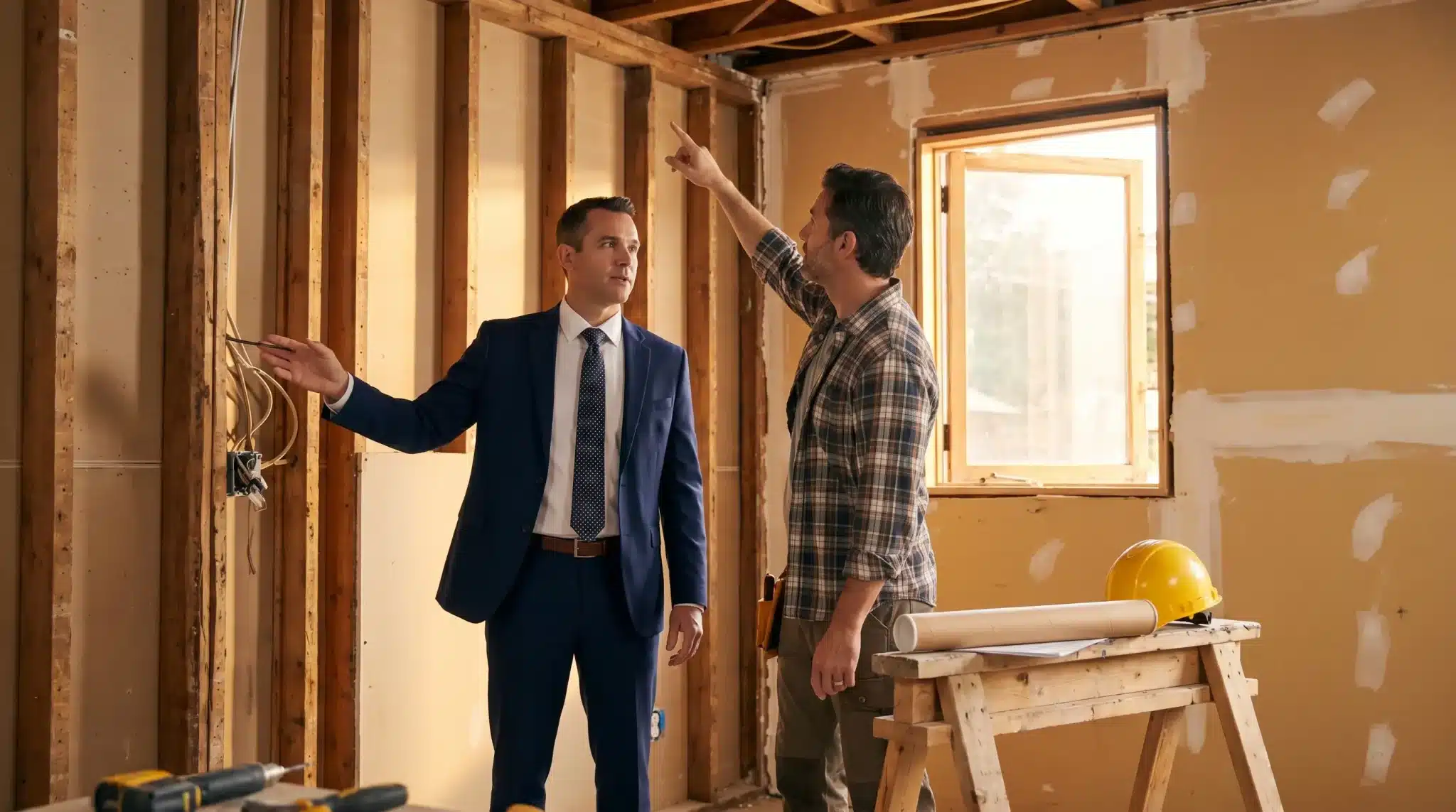 Two men discussing construction plans inside a partially renovated room with exposed wooden beams