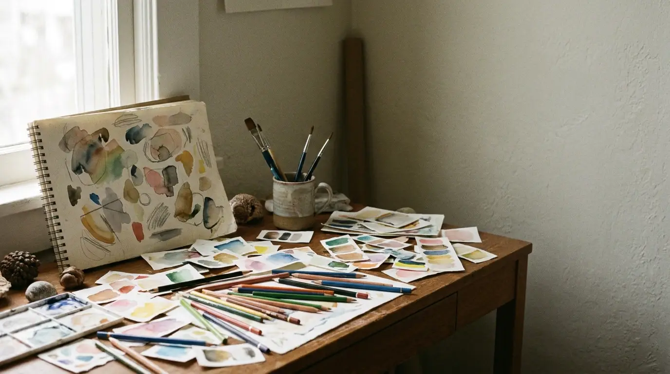 Art supplies scattered on wooden desk with watercolor sketches and colored pencils in natural light