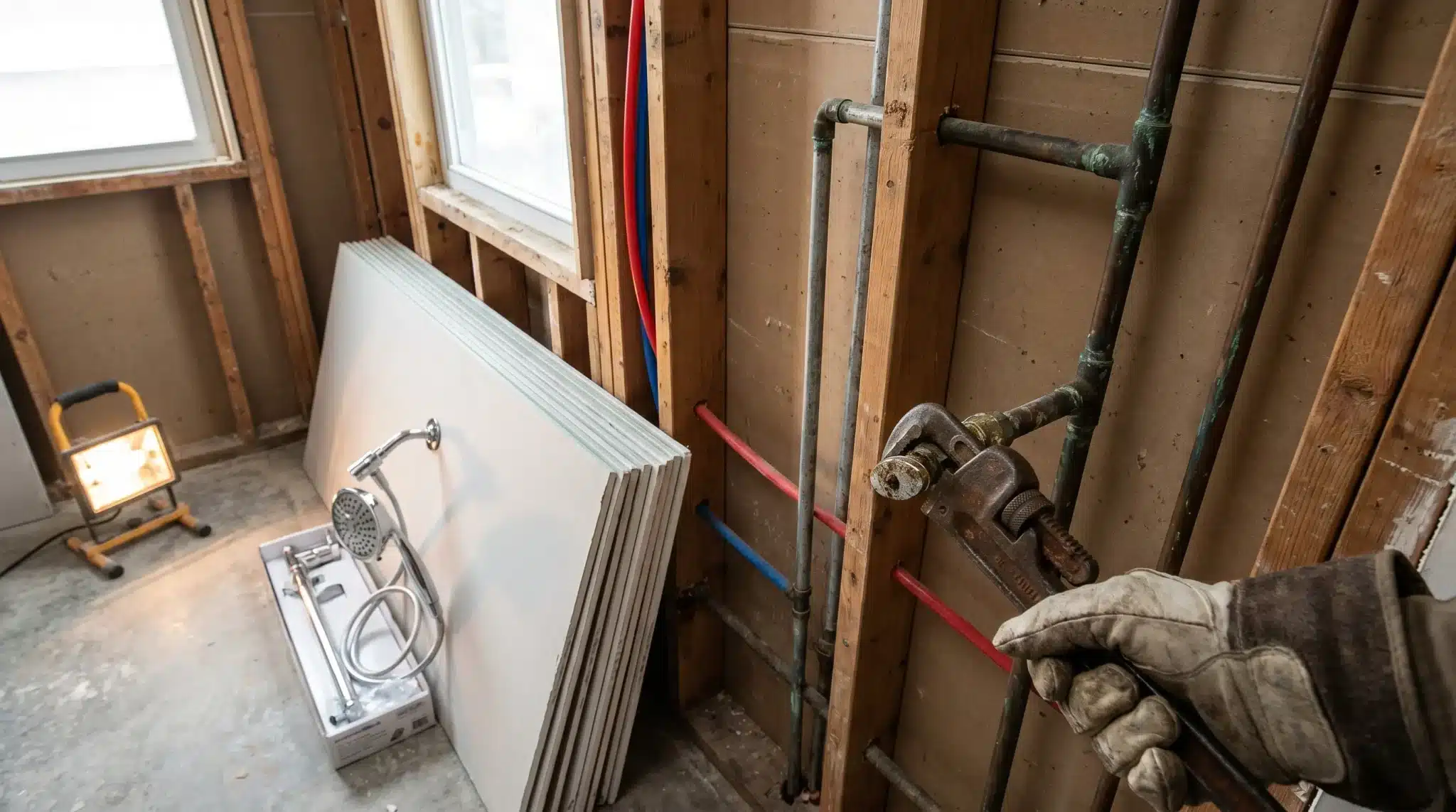 Hand holding wrench working on pipes in construction area with drywall and a work light