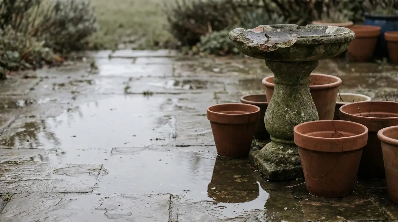 Stone birdbath surrounded by empty terracotta pots on wet cobblestone patio