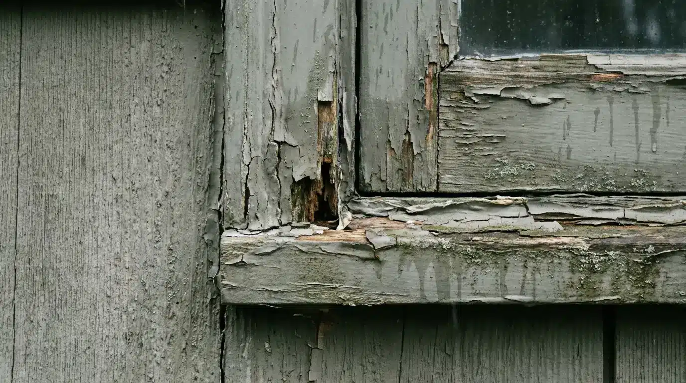 Peeling paint and rotting wood on old window frame with grey texture