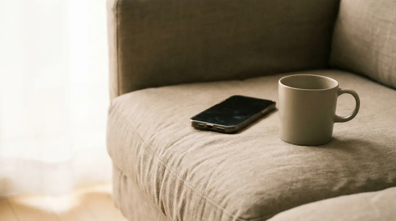 Smartphone and white mug resting on beige sofa under soft natural light