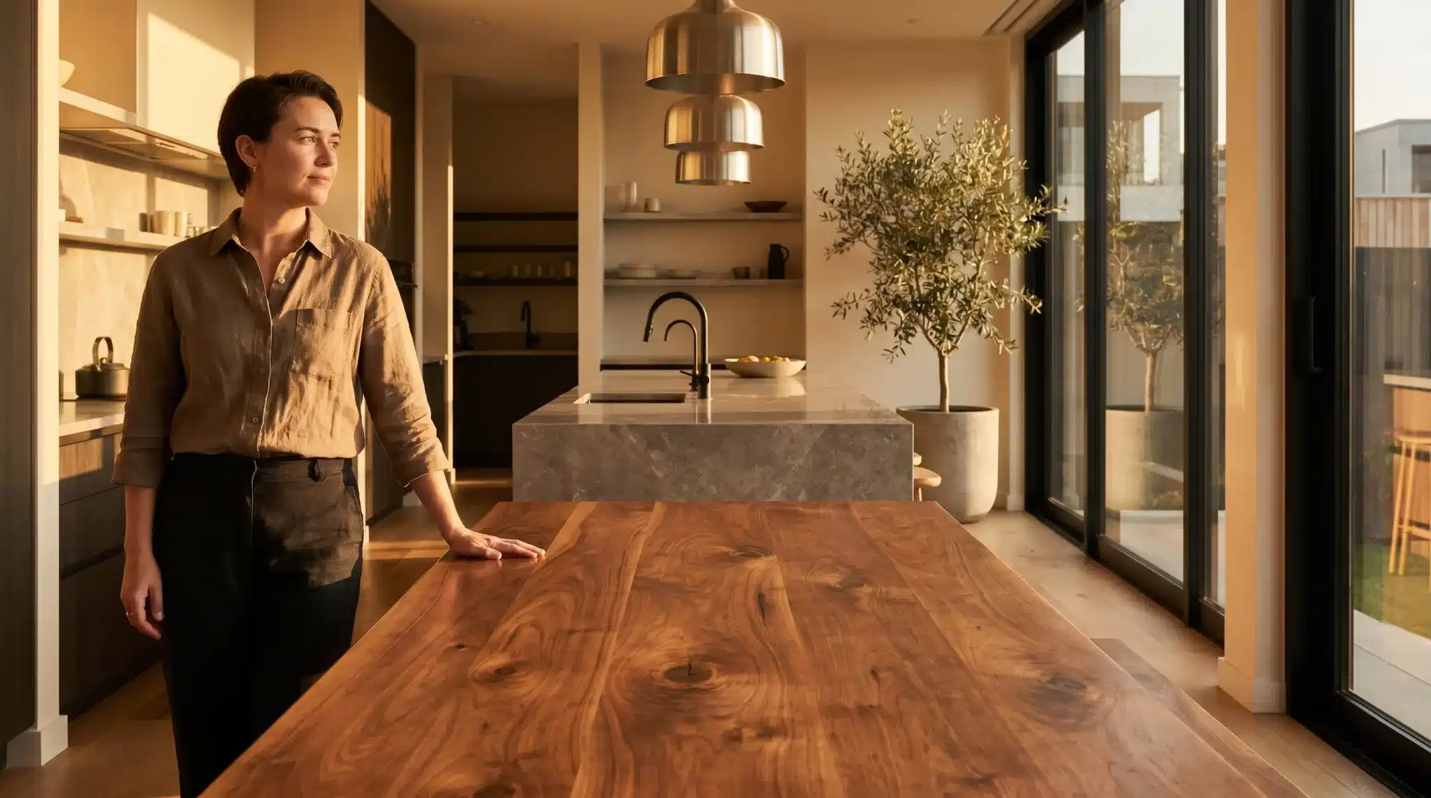 Person standing in modern kitchen with wooden table and large windows, warm evening light